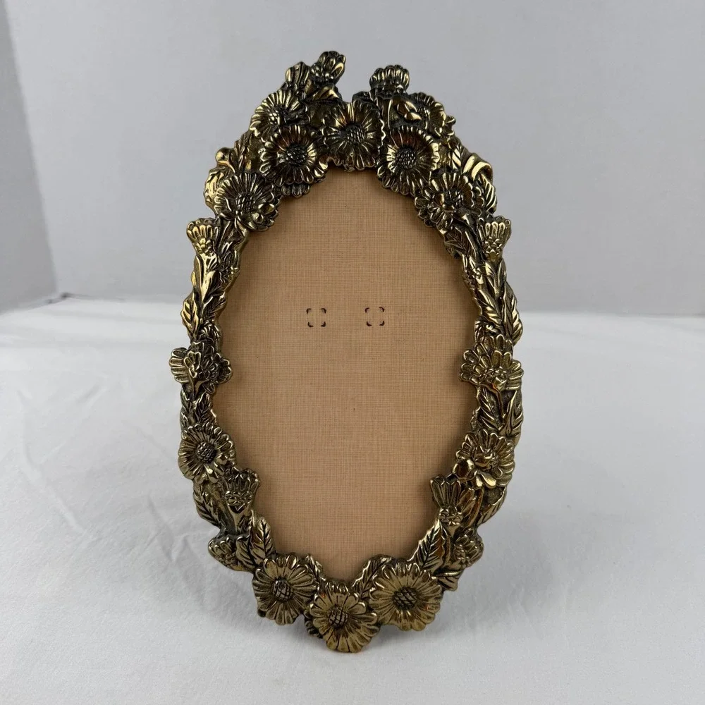 Vintage Brass Sunflower Oval Picture Frame Ornate Floral Gold Tone 5x7 Tabletop